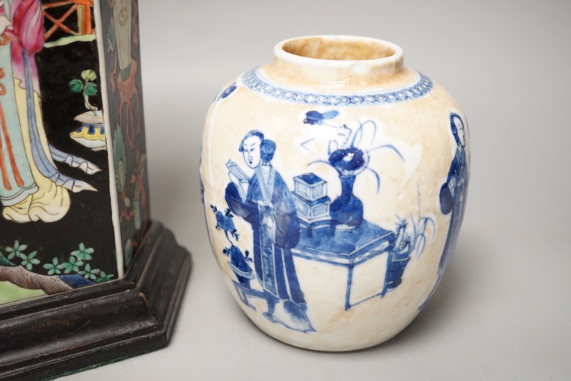 A Chinese famille noire hexagonal vase mounted as a lamp, total height 39 cm and a blue and white crackle glaze jar, late 19th century